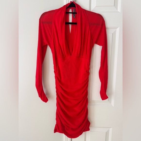 Anthropologie Deep V-Neck Ruched Mesh Mini Dress - Picture 6 of 12